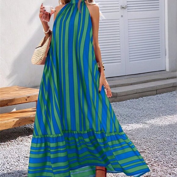 Green Blue Casual Women's Striped Print halter Strap ruffled hem maxi Dress - Picture 3 of 6